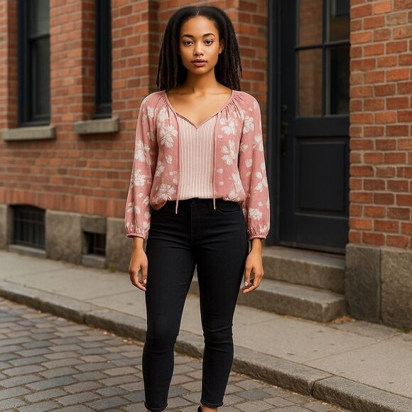 Fred David Pink Floral Tie Neck Long Sleeve Top Size Small - Picture 1 of 15